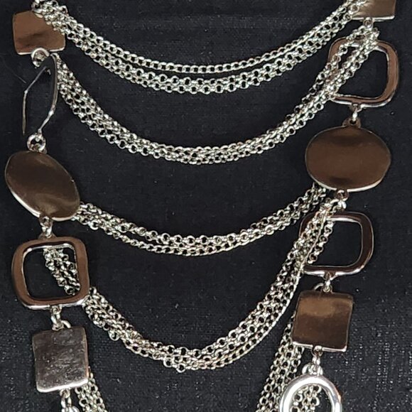 Chico's Vtg Sliver Tone Circle Square Chunky Layered Bib Statement 19" Necklace - Picture 2 of 16